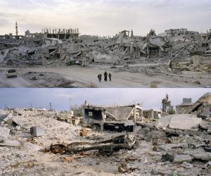 Images of destroyed towns from the WarOnWall exhibition