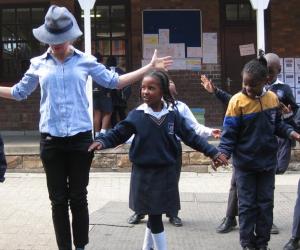 The author running a theatre workshop with pupils from Bertrams Junior School. Author supplied