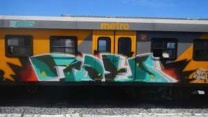 A "toe panel" on a Metro train featured in Matthew Olckers' book 'Painting Cape Town: Graffiti from South Africa'. 