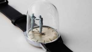 Dominic Wilcox's miniature watch sculpture sees a man disappointed every hour. 