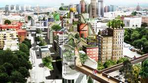 Artist impression of sky city in Stockholm