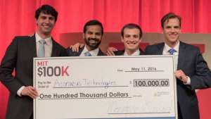 MIT $100K grand-prize-winning team Astraeus Technologies (left to right): Graham Lieberman, Jay Kumar, Alexander Blair, and Joseph Azzarelli. Image Credits: Michael Last/MIT News