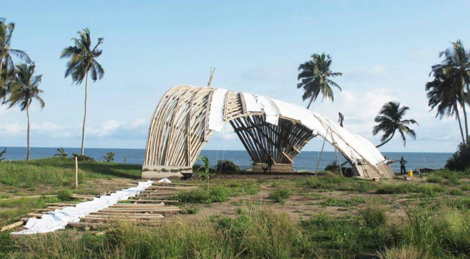The large bamboo canopy sheltering Ghanaian artists Design Indaba