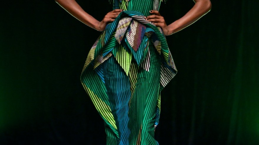 Triangular cutouts and detailing on a David Tlale outfit. 