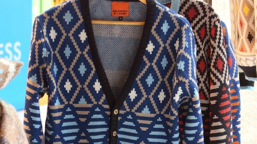 Cardigan by Laduma Ngxokolo on the Mohair SA stand. 