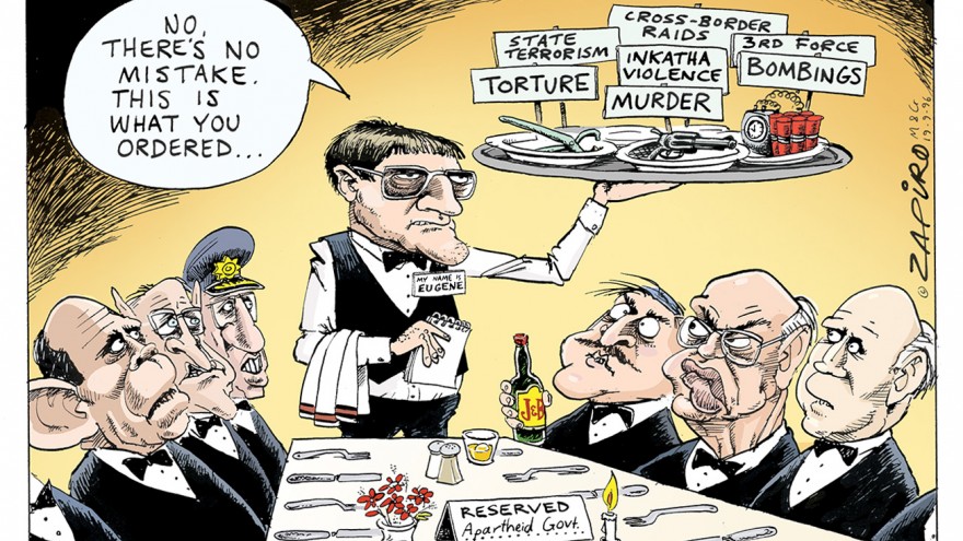 'Apartheid Menu Order' featured in Democrazy: SA's Twenty-Year Trip by Zapiro. Image: Zapiro. 