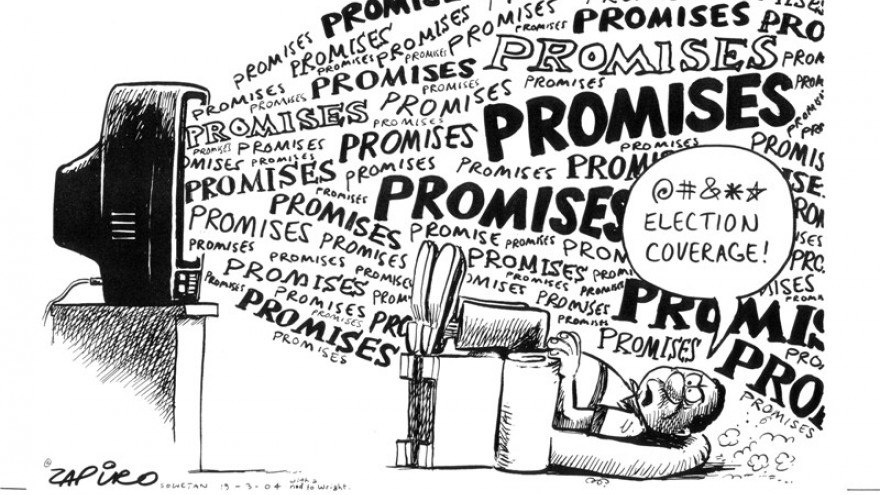 'Promises' featured in Democrazy: SA's Twenty-Year Trip by Zapiro. Image: Zapiro. 