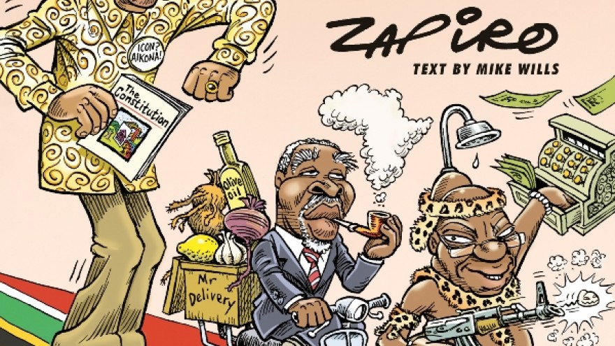 Front cover of Cartoon Democrazy: SA's Twenty-Year Trip by Zapiro. Image: Jacana. 