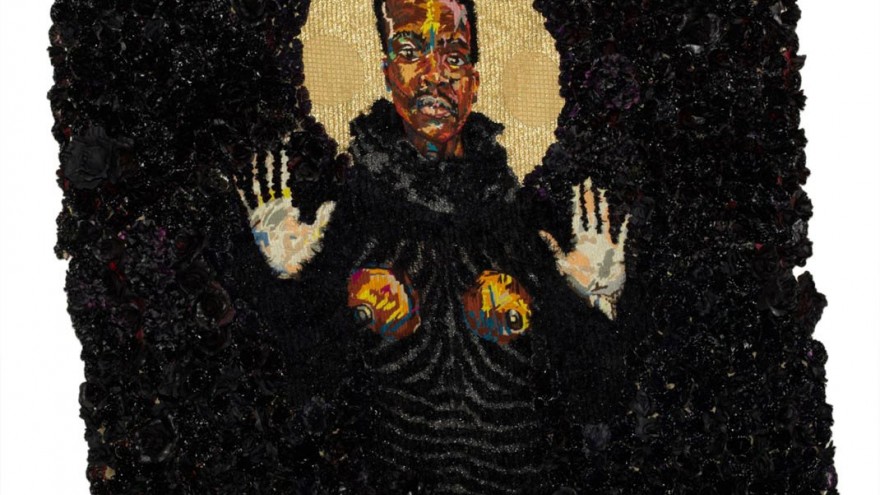 Uzukile the Elder made from wool, thread, artificial flowers and spray paint on tapestry canvas. 2013 Image: WHATIFTHEWORLD. 