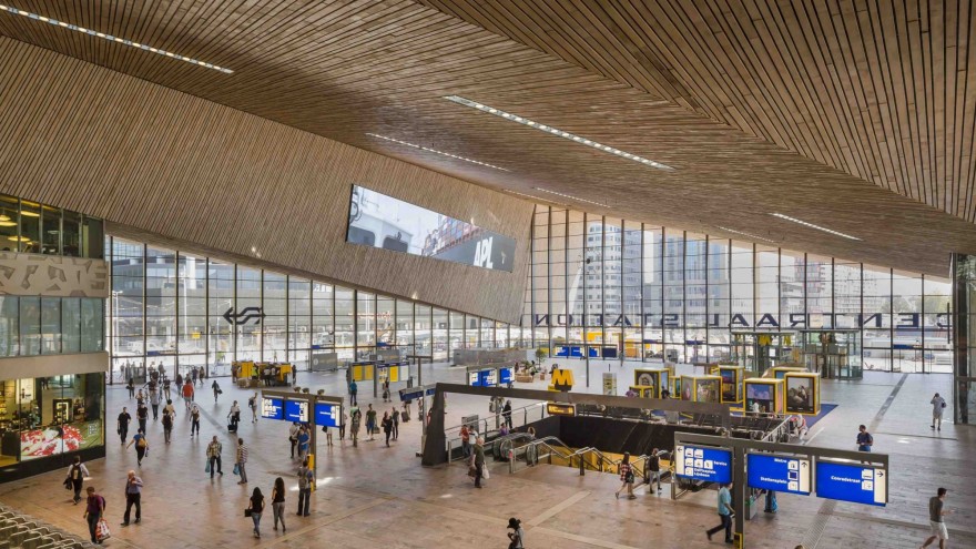 The renovated concourse of Rotterdam Central Station stands out for its intricate beauty.