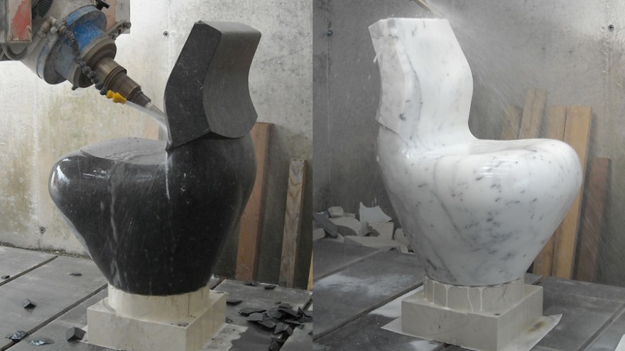 Black and White Swan being machined using CNC on marble. Photo: Satyendra Pakhalé Design Studio.
