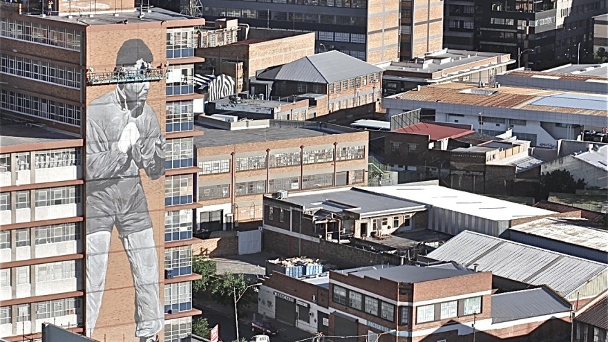 Freddy Sam's Madiba mural from the original photo by Bob Gosani © BAHA foundation. 