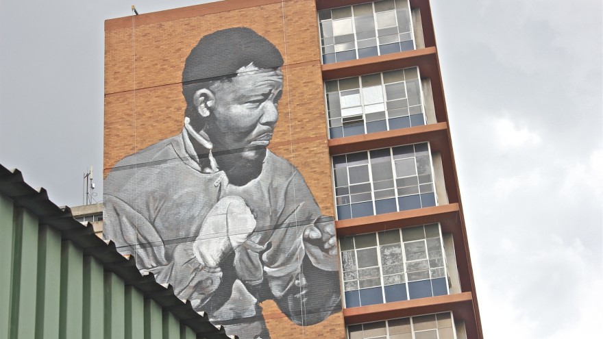 Freddy Sam's Madiba mural from the original photo by Bob Gosani © BAHA foundation. 
