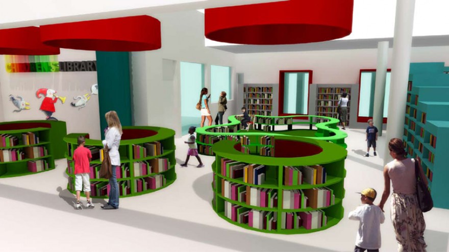 A view of the toddler zone through the circular entrance bookshelves. Image: Y Tsai Design. 