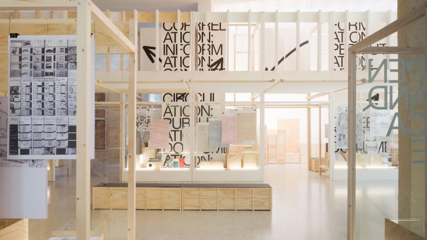 Interior view of the Dutch Pavillion at the 14th Venice Architecture Biennale with graphic and exhibition design by Experimental Jetset. Image: Het Nieuwe Instituut.  