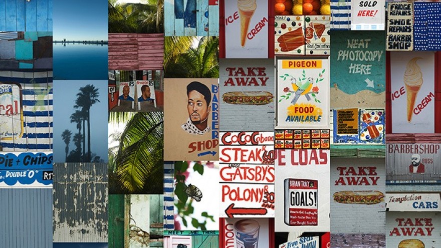 Ed Suter's wallpaper designs Blue Wall, Palms, Red Diamond and Take Away Special all seen together. 