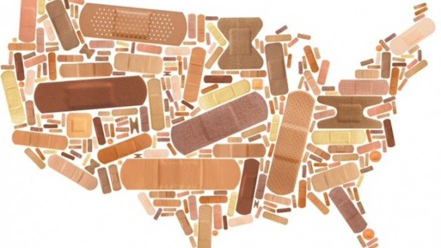 Illustration by Michael Bierut and Britt Cobb for a recent edition of The New York Times Book Review: 272 bandages make up the continental map of the United States of America.