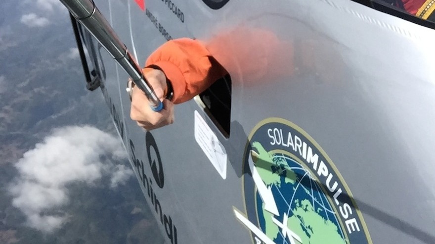 Bertrand Piccard takes a picture from the cockpit of Solar Impulse 2.