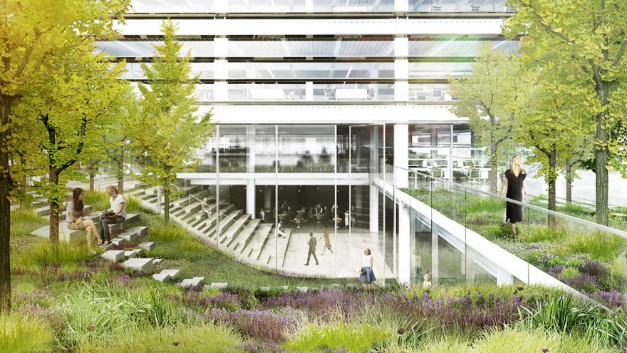 The office spaces feature outdoor terraces full of lush greenery.