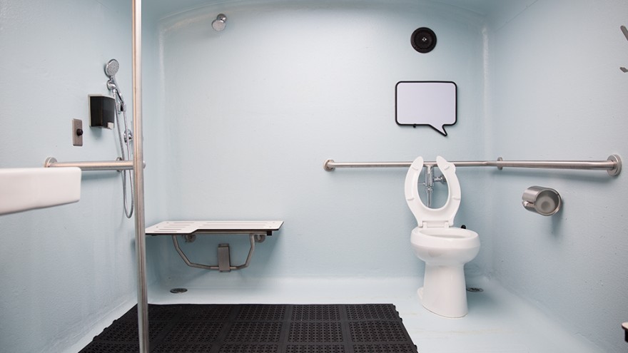 Inside a shower pod.