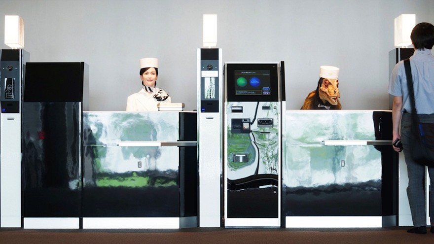 Reception at the Henn Ha Hotel is "manned" by a Japanese speaking humanoid and an English speaking dinosaur