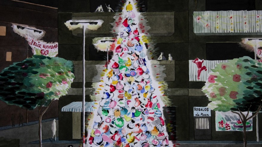 The consumerist Christmas tree, project by Luzinteruptus illustration by Marta Menacho