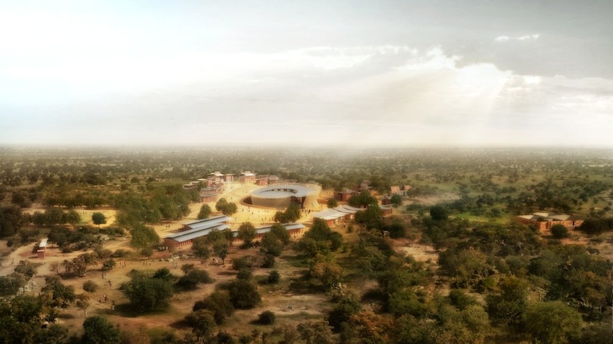 Birds eye rendering of the Opera Village by Kéré Architecture