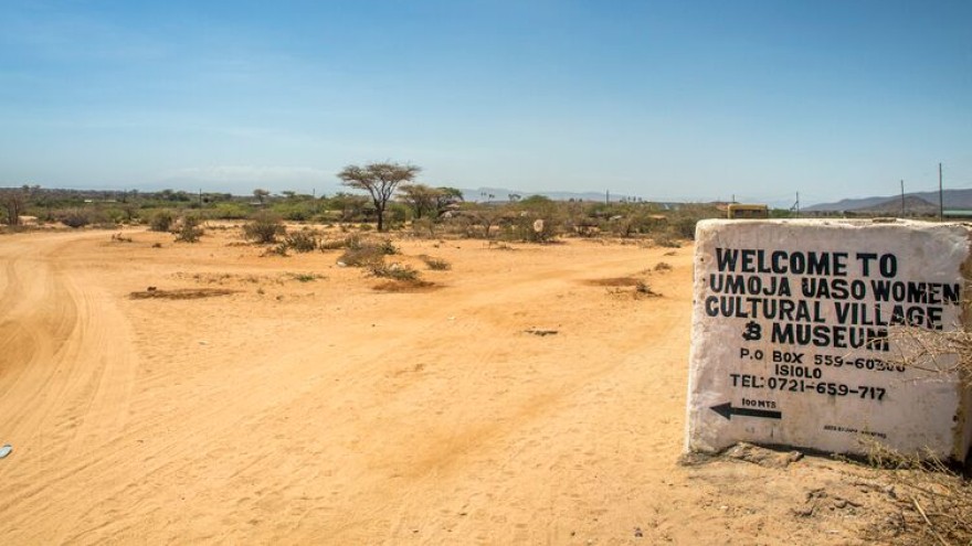 The sign for the Umoja Women’s Village just outside Archers Post town in north Kenya’s Samburu region.