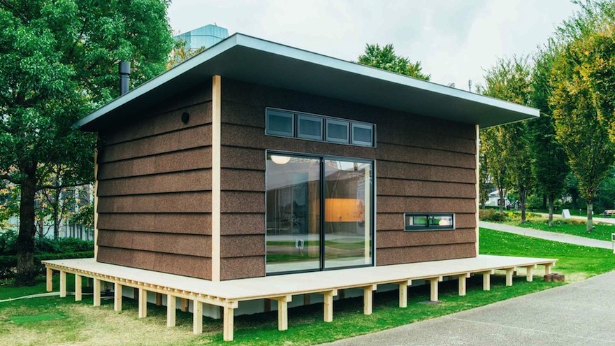 Muji launches three little prefab-houses: Jasper Morrison's micro-home is made of cork. Image: MUJI Huts