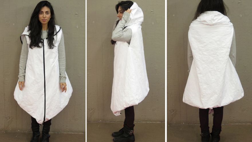 Students at the Royal College of Art have designed a garment that can turn into a shelter for an adult and a child