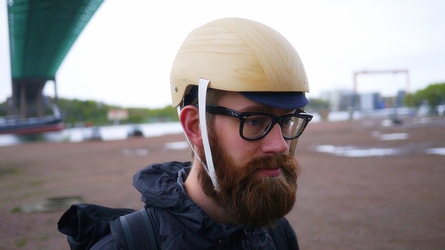 This bicycle helmet is made from a wood-based foam, making it a biodegradable alternative to regular plastic protection. Image: Cellutech