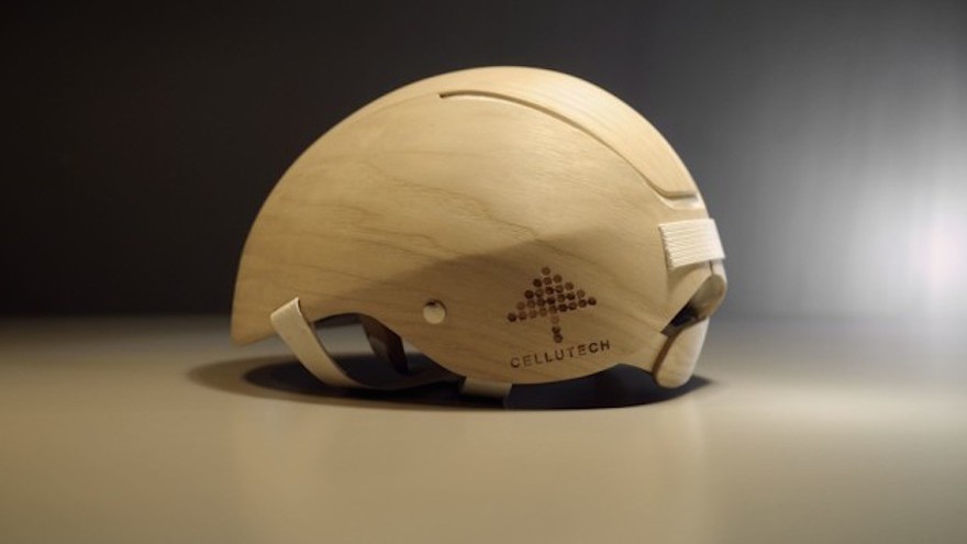 This bicycle helmet is made from a wood-based foam, making it a biodegradable alternative to regular plastic protection. Image: Cellutech