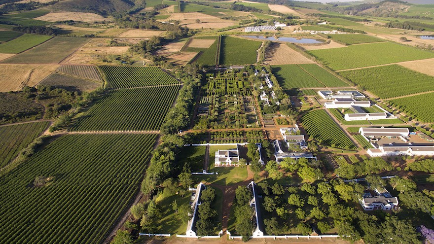 View of Babylonstoren garden and the cellars to the right