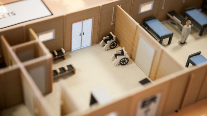 Hospital beds on the 3D printed model of Cantahay hospital. Image: Alex Yallop