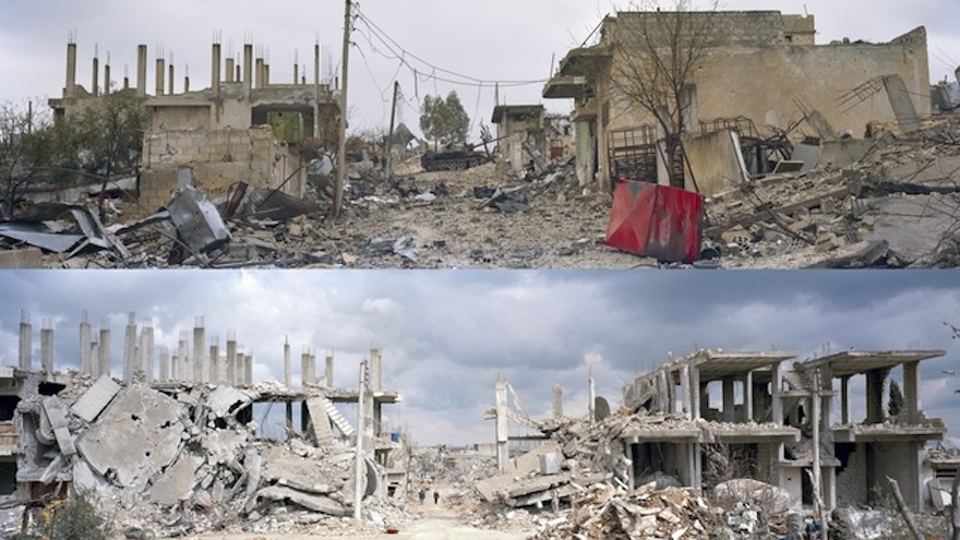 Images of destroyed towns from the WarOnWall exhibition