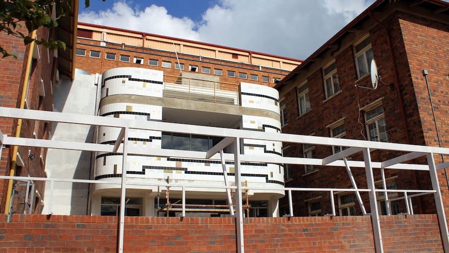 Lorenzo Nassimbeni's geometric tiled mural on the new Rahima Moosa Mother and Child Hospital