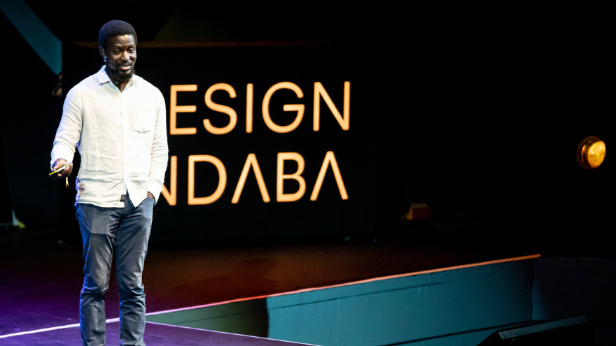 Ibrahim Mahama on stage at Design Indaba