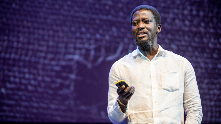 Ibrahim Mahama on stage at Design Indaba