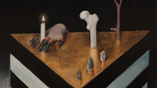 A prayer, 47 x 39 inches. Oil on fibreglass, timber and polystyrene panel.