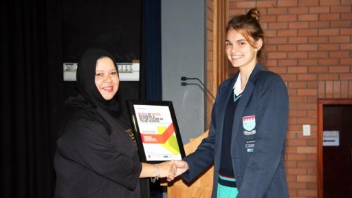  Megan Laughton from Stellenberg High School and Sadia Abrahams, relationship manager Woolworths Making the Difference Programme