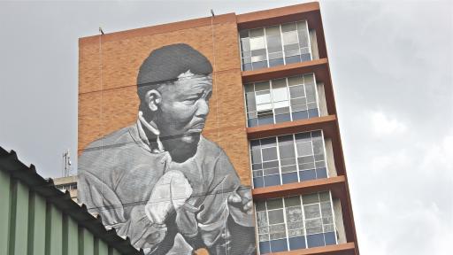 Freddy Sam's Madiba mural from the original photo by Bob Gosani © BAHA foundation. 