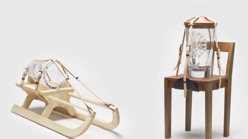 Tadeas Podracky’s Jaars juxtaposes the fragility of cut glass with alpine elements such as leather straps and a wooden sled.