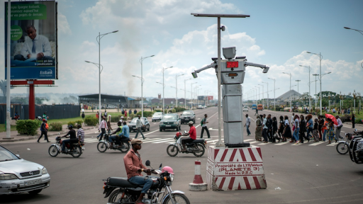 Solar-powered robotic traffic cops have been “hired” to regulate the disorderly traffic in Kinshasa, the capital of the Democratic Republic of Congo. 