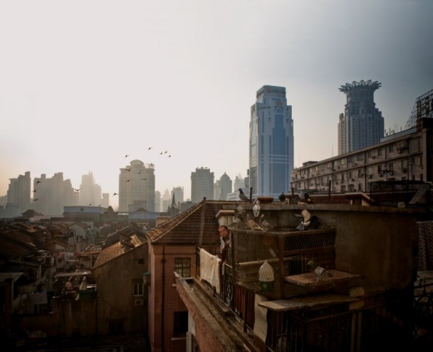 View over old lanes near Nanjing West road in the Puxi area of Shanghai. Many pe