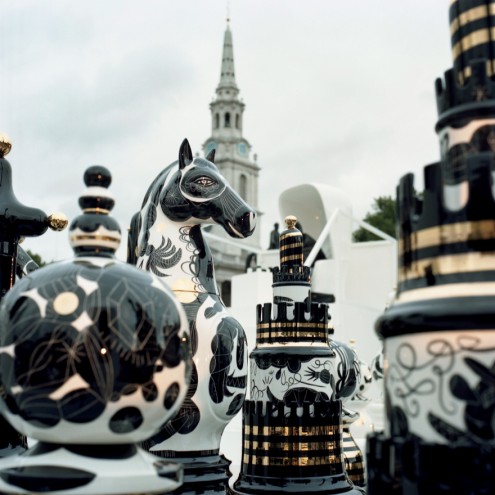 Jaime Hayon's The Tournament - 2 meter high ceramic chess pieces on a specially created Bisazza mosaic glass chess board.  Image: Jaime Hayon  