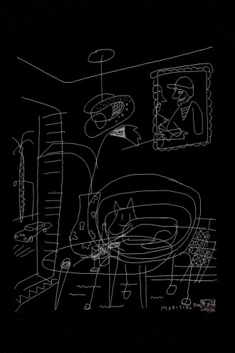 Javier Mariscal's illustration of Ron Arad and his work environment for Ron Arad's Last Train project. 