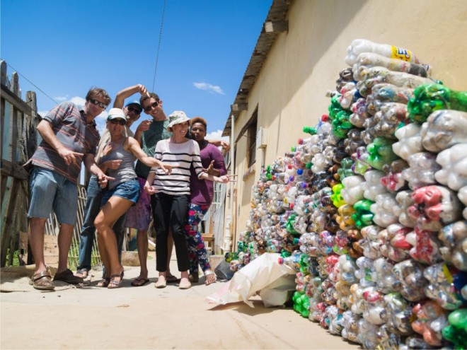 Blommie Nontshinga (far right) is a teacher at Penguins Play and Learn Centre. She is pictured with EcoBricks volunteers. 