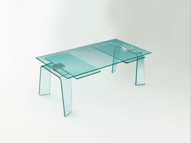 The Kayo Extensible Table fo FIAM, made of glass, has a discreet and innovative extendable mechanism embedded in its bent glass legs.