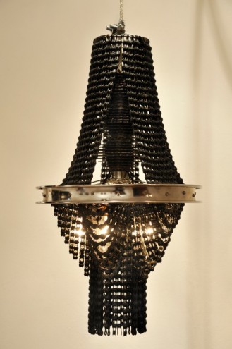 Recycled bicycle chain chanderlier by Carolina Fontoura Alzaga. 