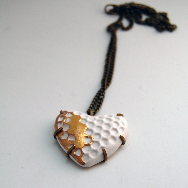 Ceramic Heart Pendant with antique brass. 